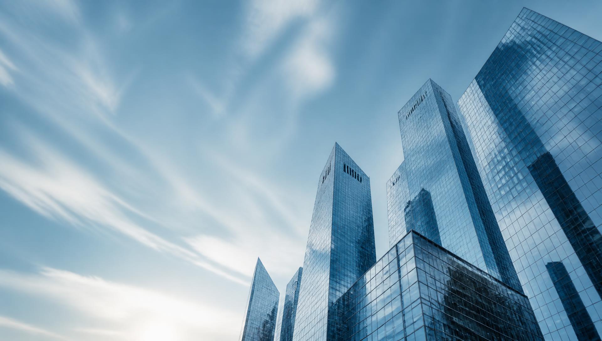 Gratte-ciels de verre à l'heure bleue, symbole de croissance des entreprises accompagnées par OP Group